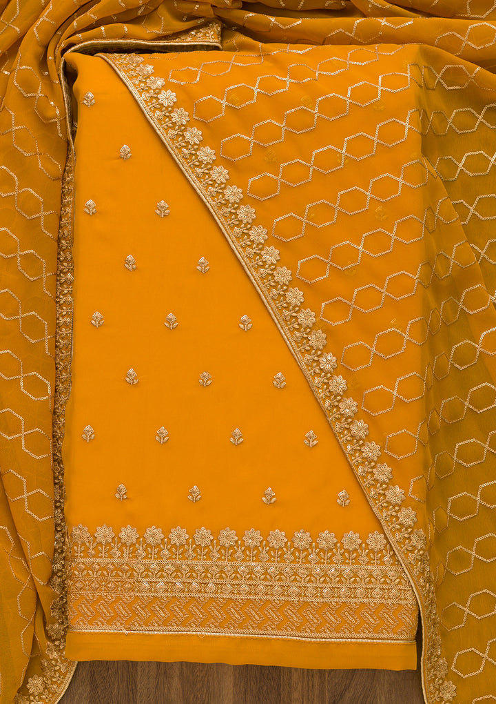 Mustard Sequins Georgette Unstitched Salwar Suit-Koskii