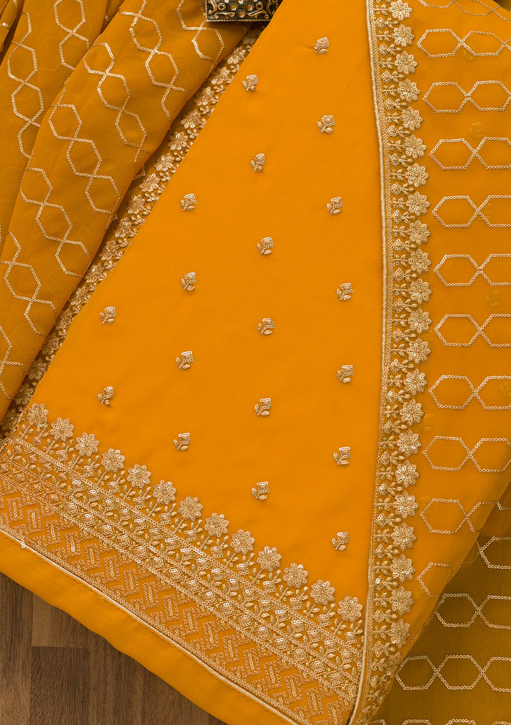 Mustard Sequins Georgette Unstitched Salwar Suit-Koskii