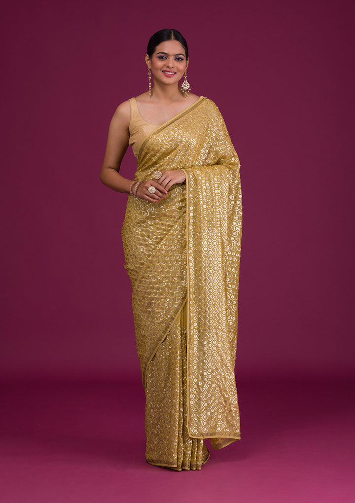 Mustard Sequins Georgette Unstitched Saree-Koskii
