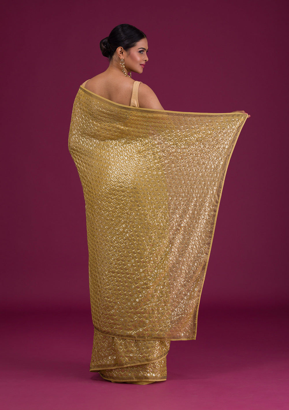 Mustard Sequins Georgette Unstitched Saree-Koskii