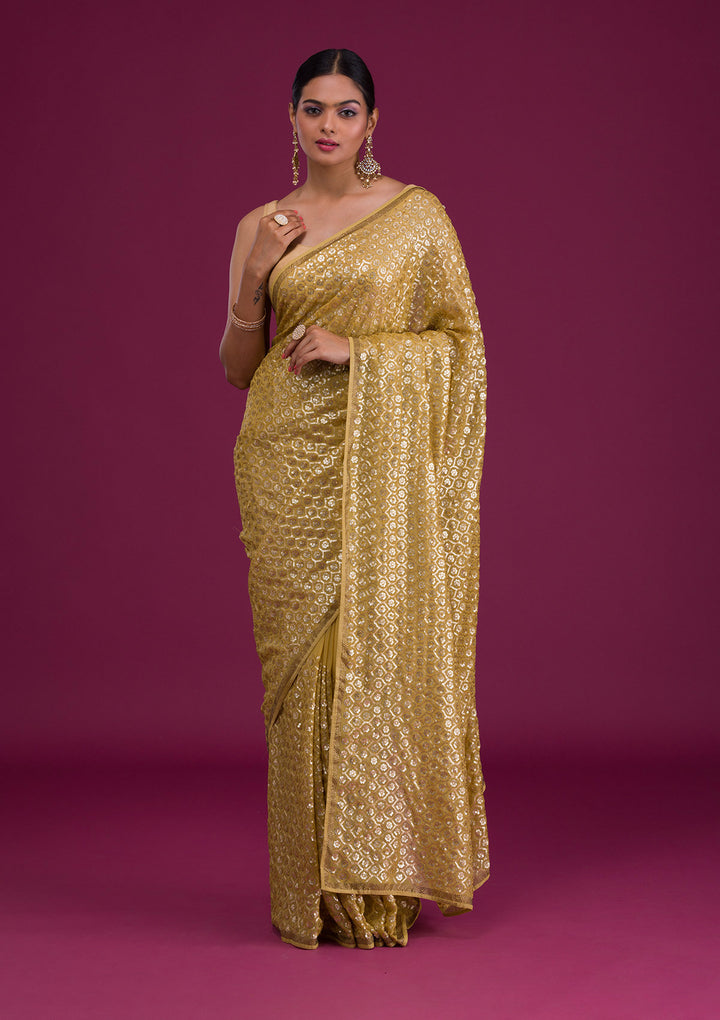 Mustard Sequins Georgette Unstitched Saree-Koskii