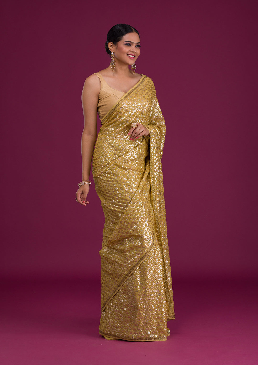 Mustard Sequins Georgette Unstitched Saree-Koskii