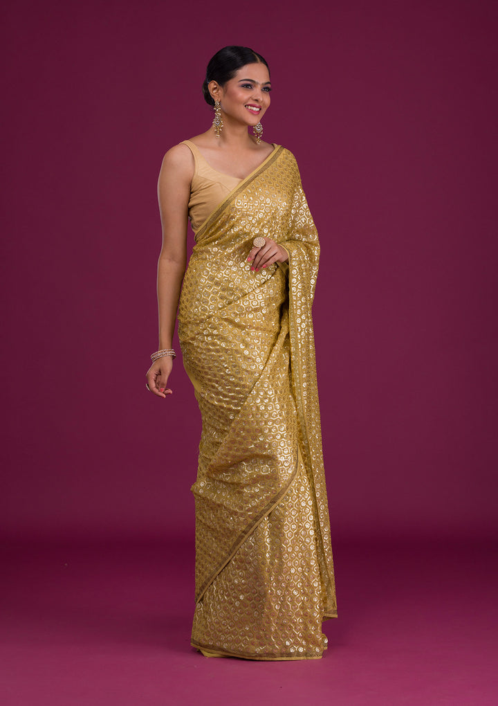 Mustard Sequins Georgette Unstitched Saree-Koskii