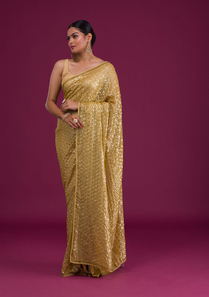 Mustard Sequins Georgette Unstitched Saree-Koskii