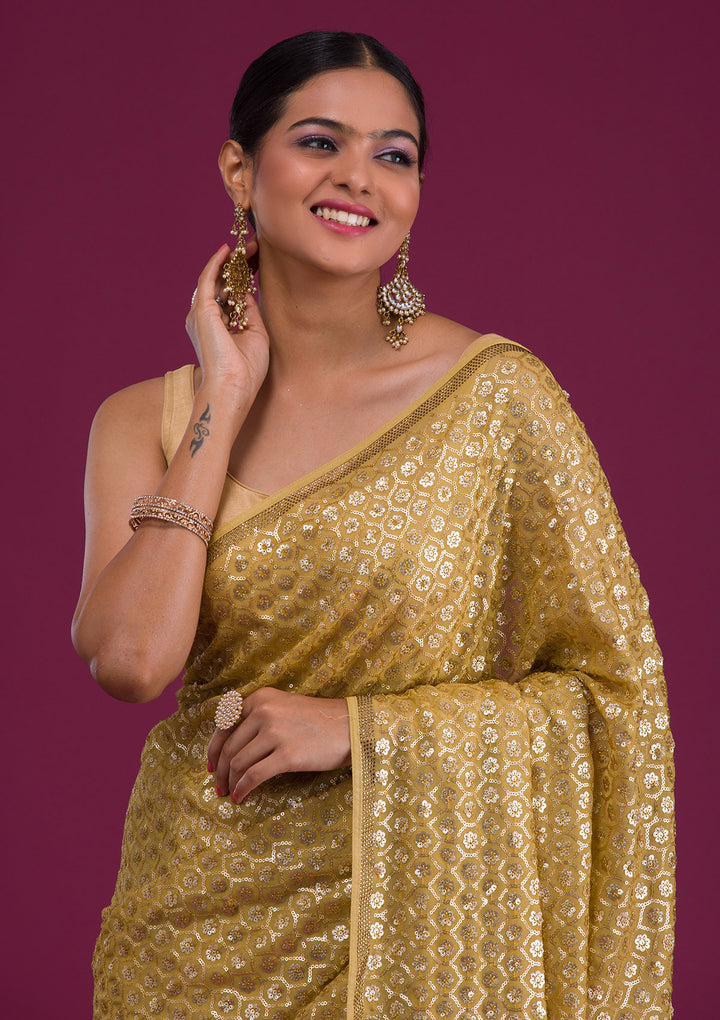 Mustard Sequins Georgette Unstitched Saree-Koskii