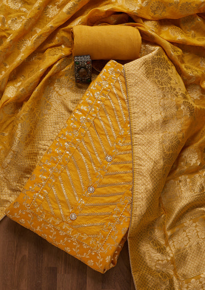 Mustard Sequins Brocade Unstitched Salwar Suit-Koskii