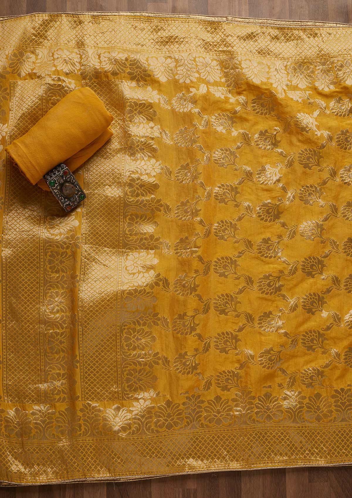 Mustard Sequins Brocade Unstitched Salwar Suit-Koskii