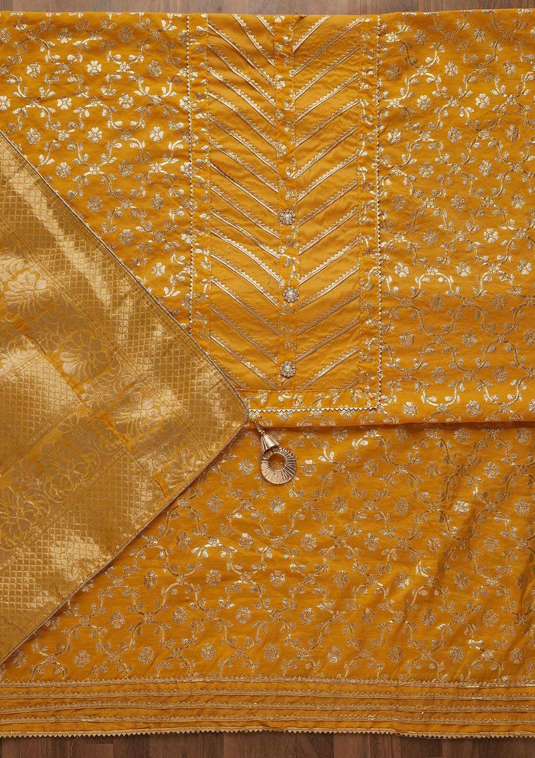 Mustard Sequins Brocade Unstitched Salwar Suit-Koskii