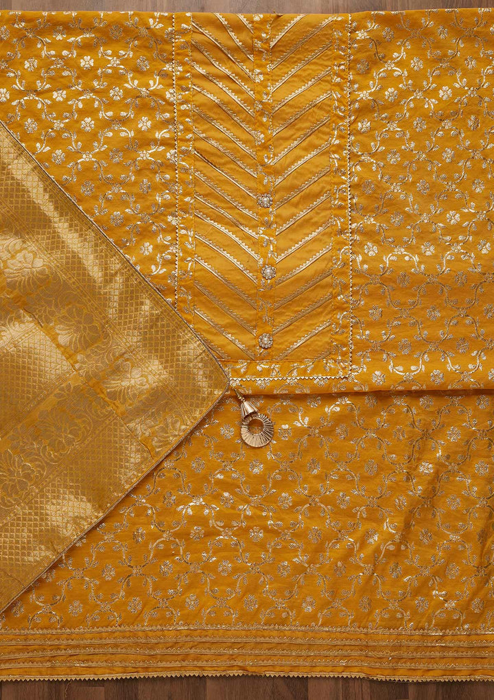 Mustard Sequins Brocade Unstitched Salwar Suit-Koskii