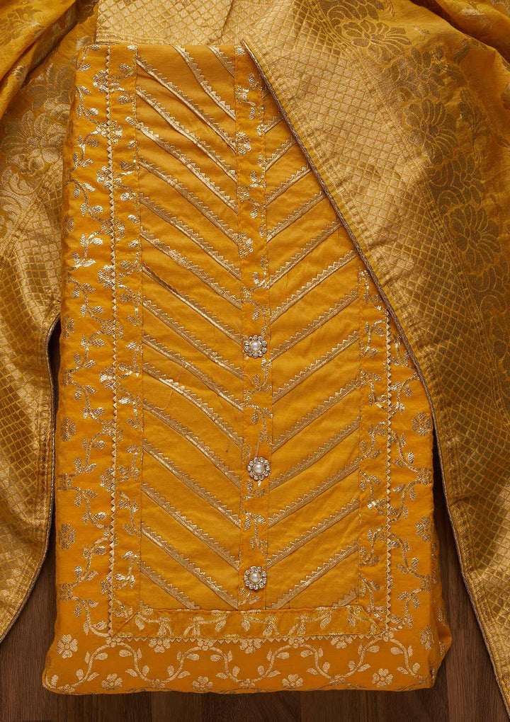 Mustard Sequins Brocade Unstitched Salwar Suit-Koskii