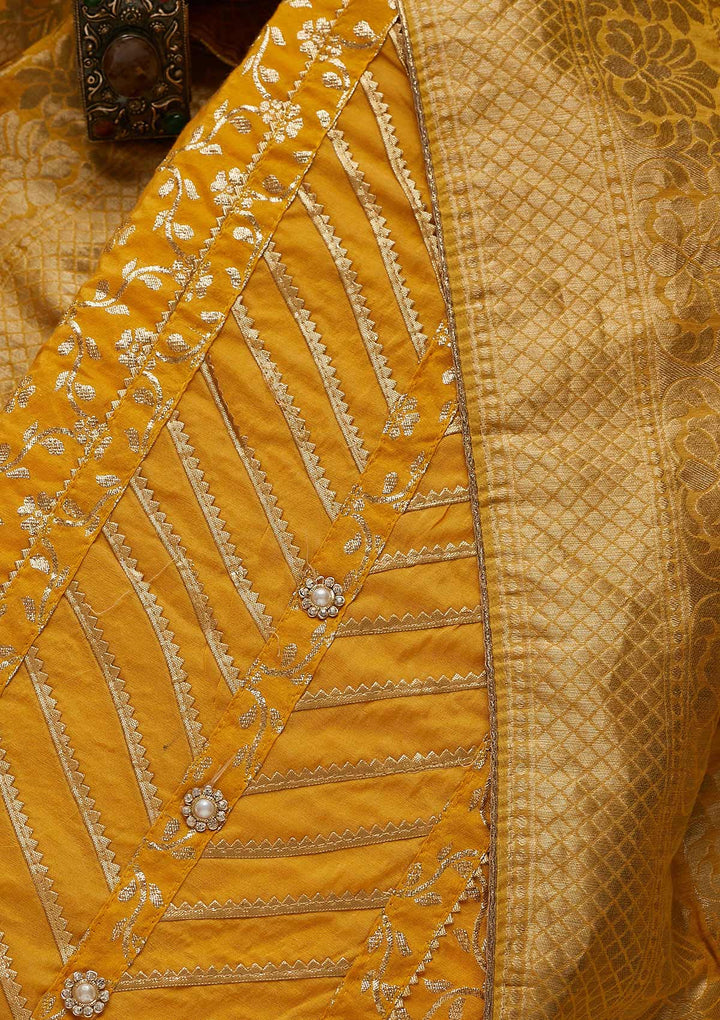 Mustard Sequins Brocade Unstitched Salwar Suit-Koskii