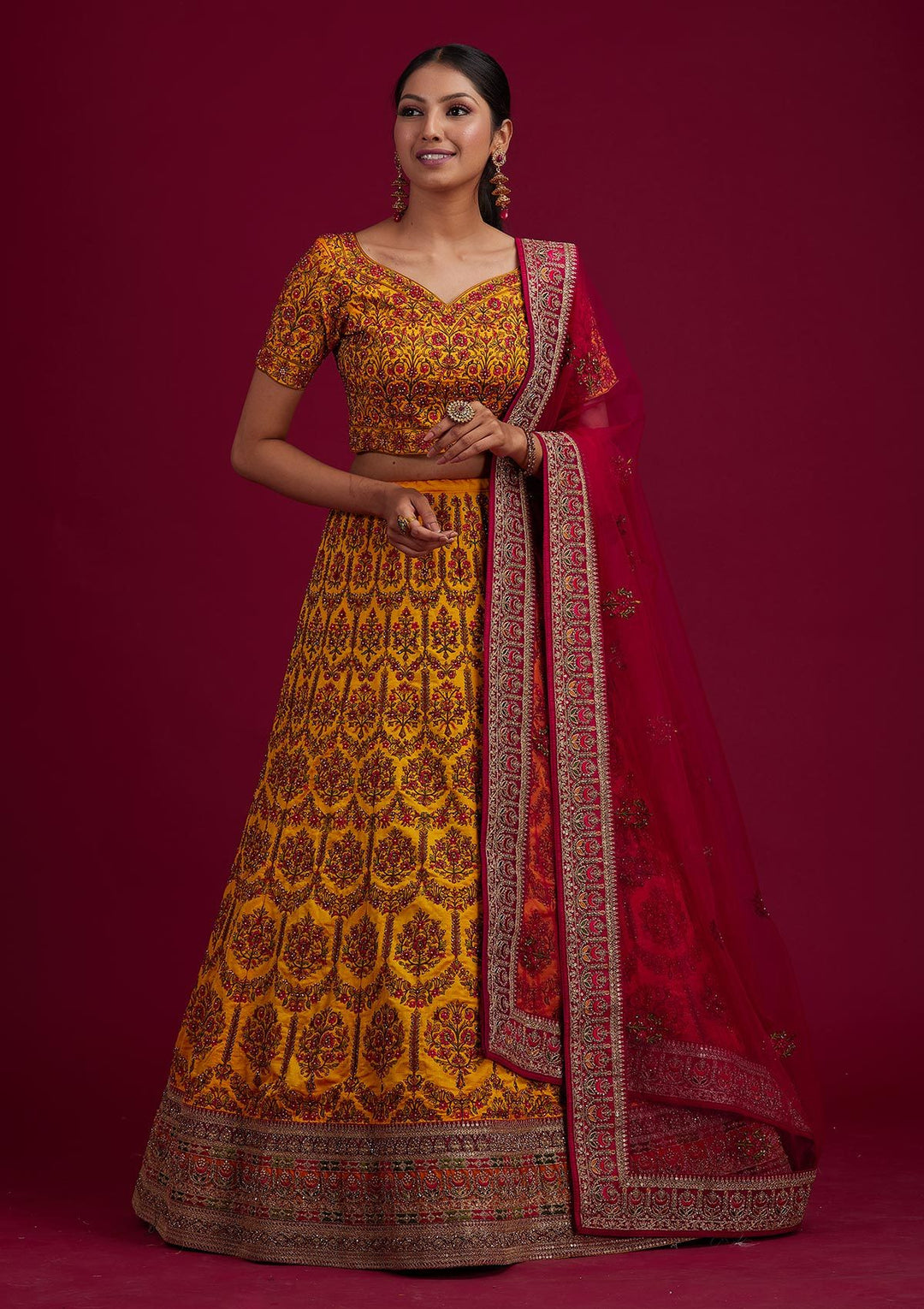 Mustard Sequins Raw Silk Designer Semi-Stitched Lehenga - koskii