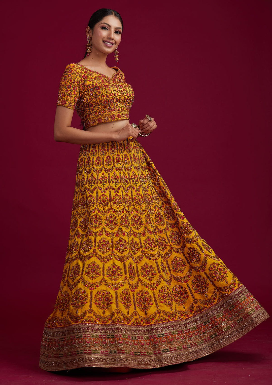 Mustard Sequins Raw Silk Designer Semi-Stitched Lehenga - koskii