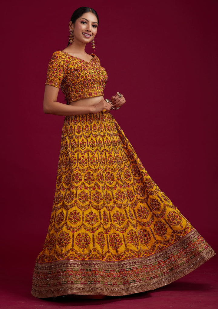 Mustard Sequins Raw Silk Designer Semi-Stitched Lehenga - koskii