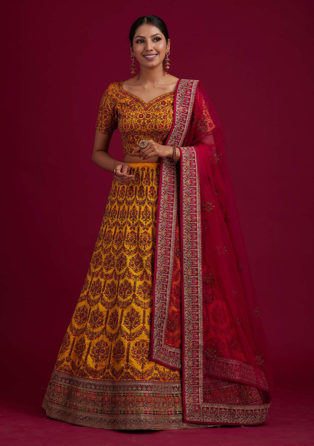 Mustard Sequins Raw Silk Designer Semi-Stitched Lehenga - koskii