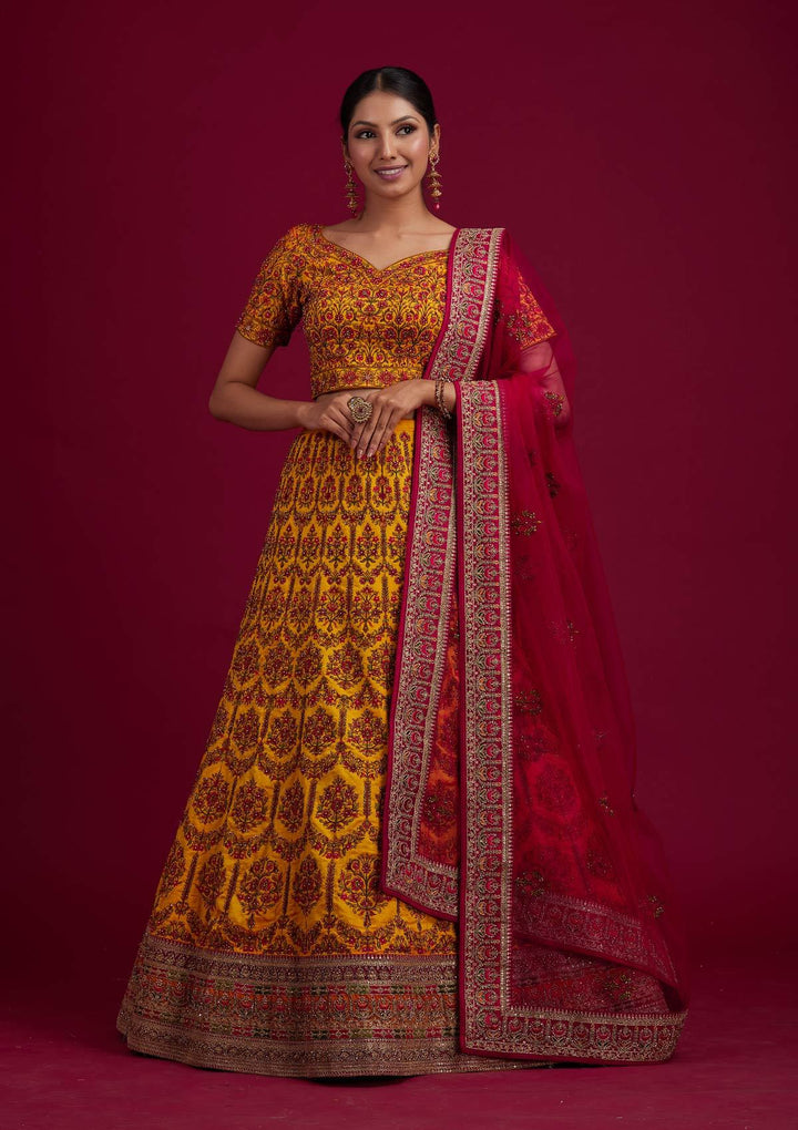 Mustard Sequins Raw Silk Designer Semi-Stitched Lehenga - koskii