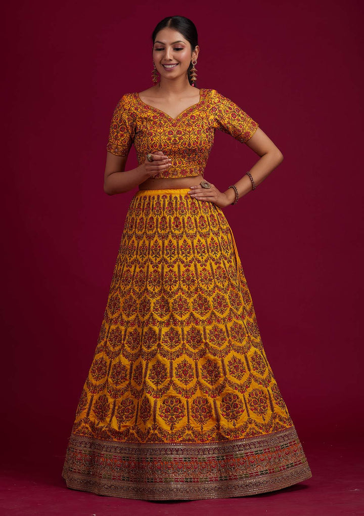 Mustard Sequins Raw Silk Designer Semi-Stitched Lehenga - koskii