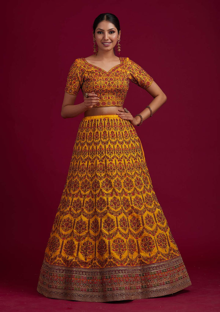 Mustard Sequins Raw Silk Designer Semi-Stitched Lehenga - koskii