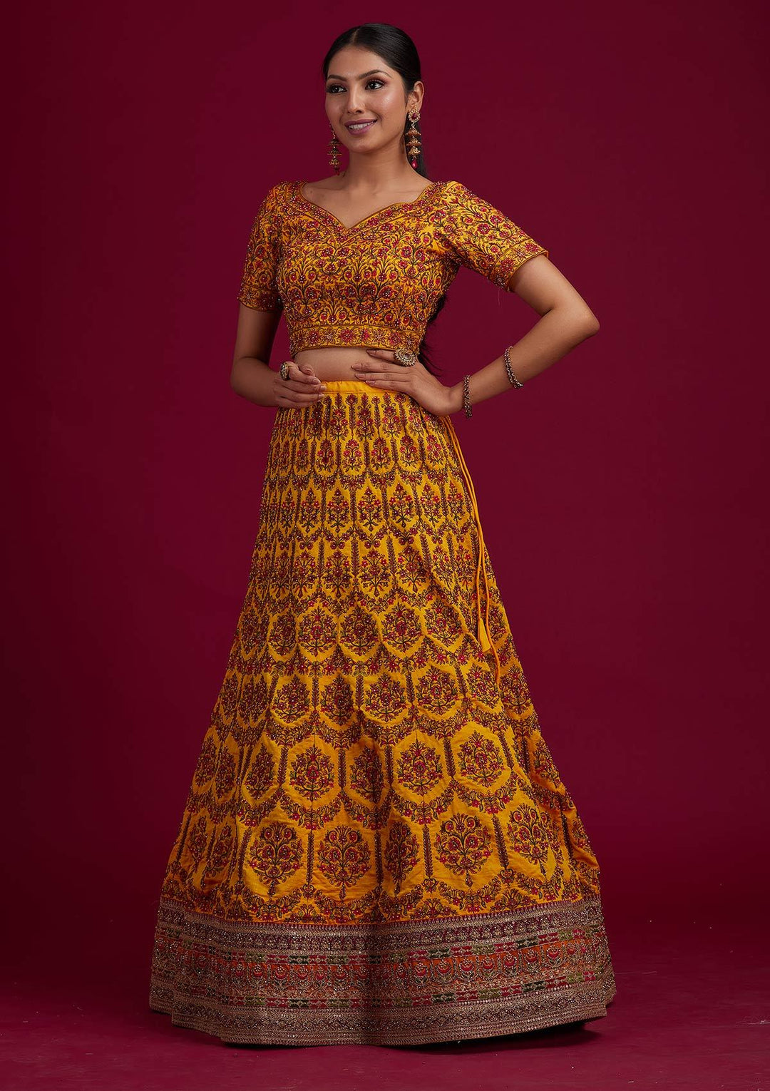Mustard Sequins Raw Silk Designer Semi-Stitched Lehenga - koskii