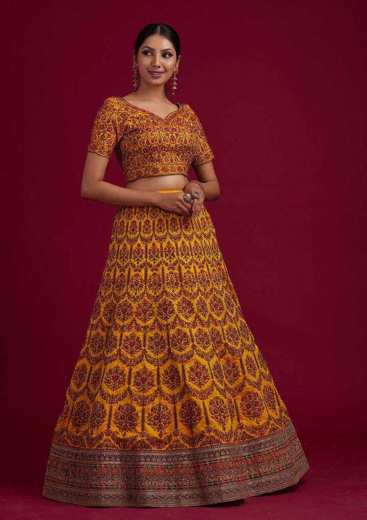 Mustard Sequins Raw Silk Designer Semi-Stitched Lehenga - koskii