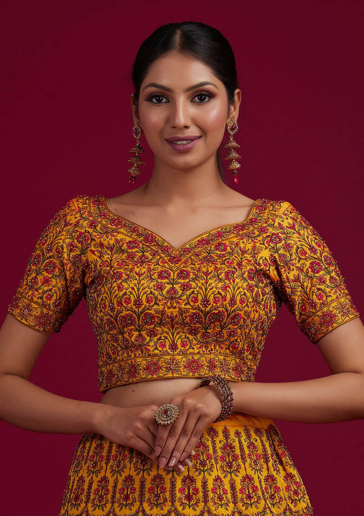 Mustard Sequins Raw Silk Designer Semi-Stitched Lehenga - koskii