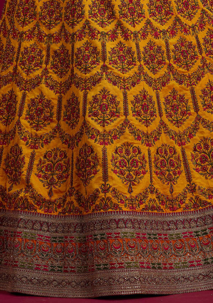 Mustard Sequins Raw Silk Designer Semi-Stitched Lehenga - koskii
