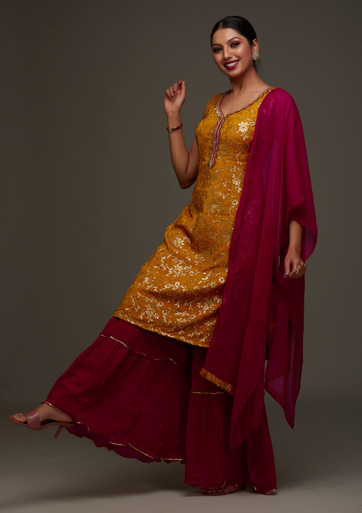 Mustard Sequins Semi Crepe Designer Salwar Suit- Koskii