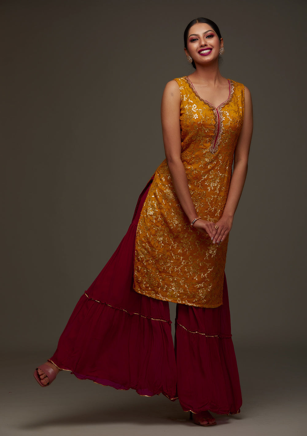Mustard Sequins Semi Crepe Designer Salwar Suit - Koskii