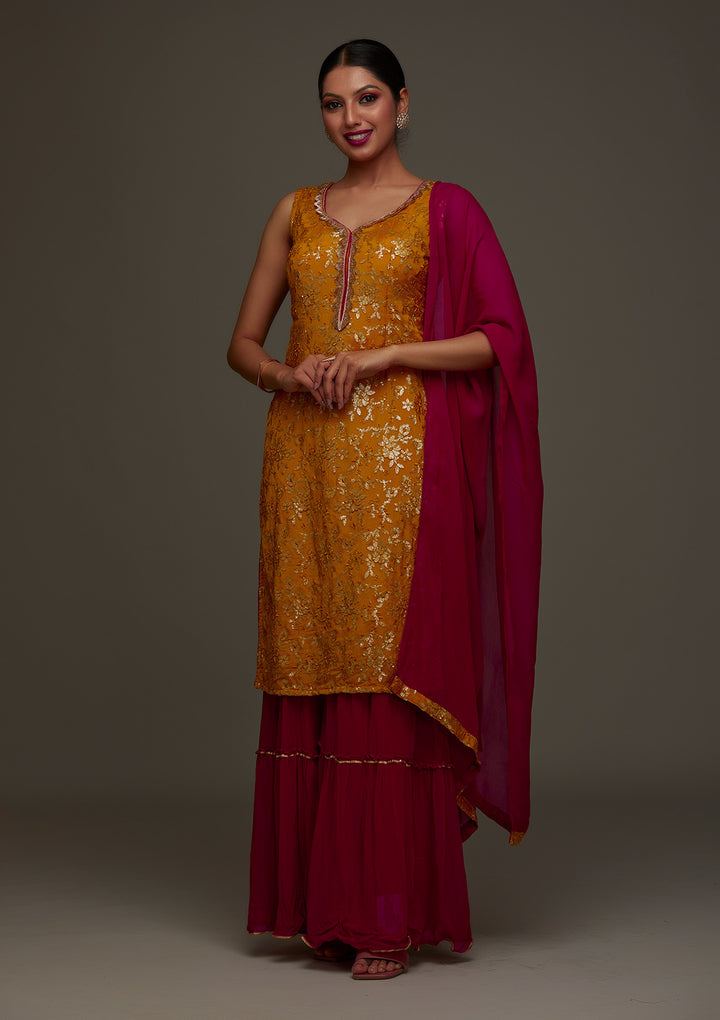 Mustard Sequins Semi Crepe Designer Salwar Suit - Koskii