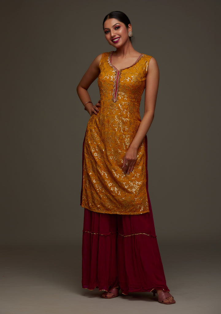 Mustard Sequins Semi Crepe Designer Salwar Suit - Koskii