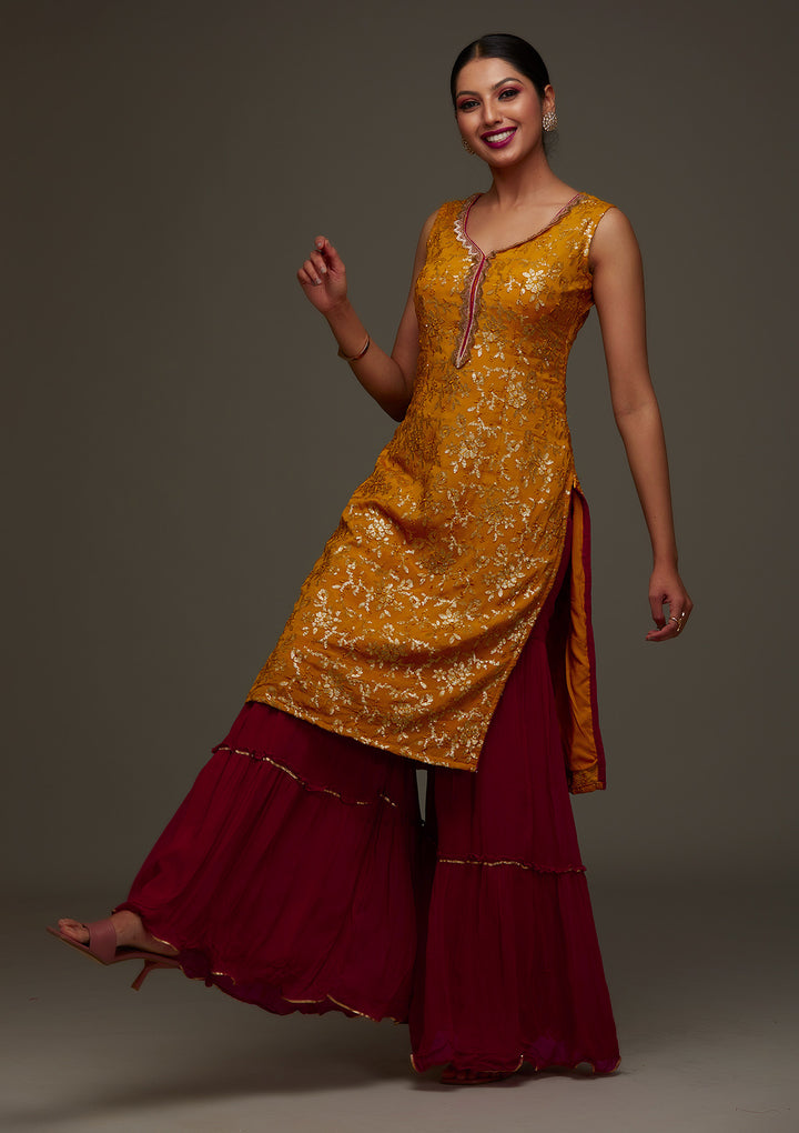 Mustard Sequins Semi Crepe Designer Salwar Suit - Koskii