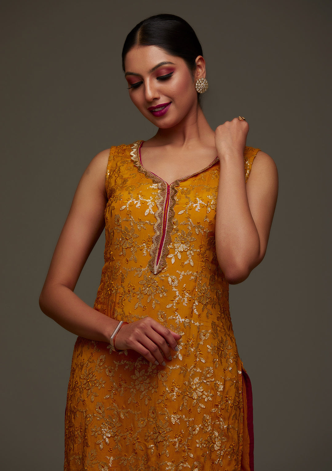 Mustard Sequins Semi Crepe Designer Salwar Suit - Koskii