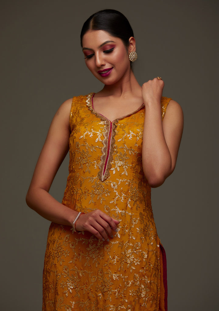 Mustard Sequins Semi Crepe Designer Salwar Suit - Koskii