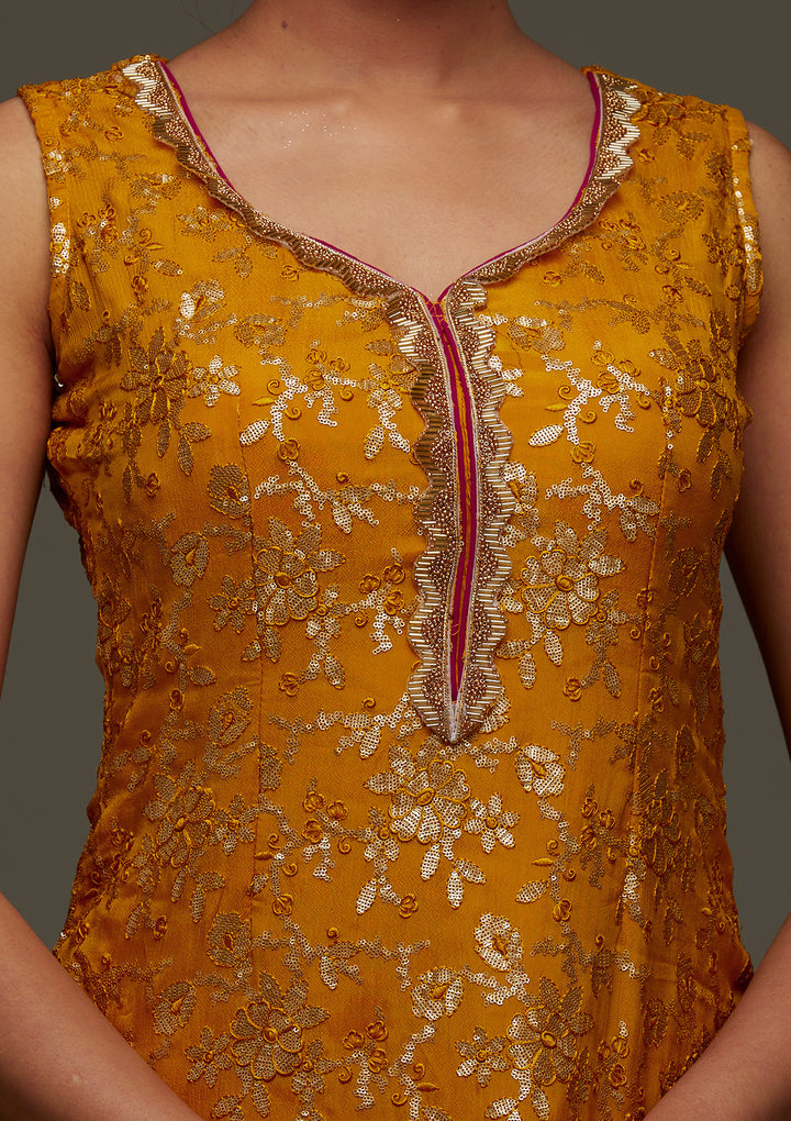 Mustard Sequins Semi Crepe Designer Salwar Suit - Koskii