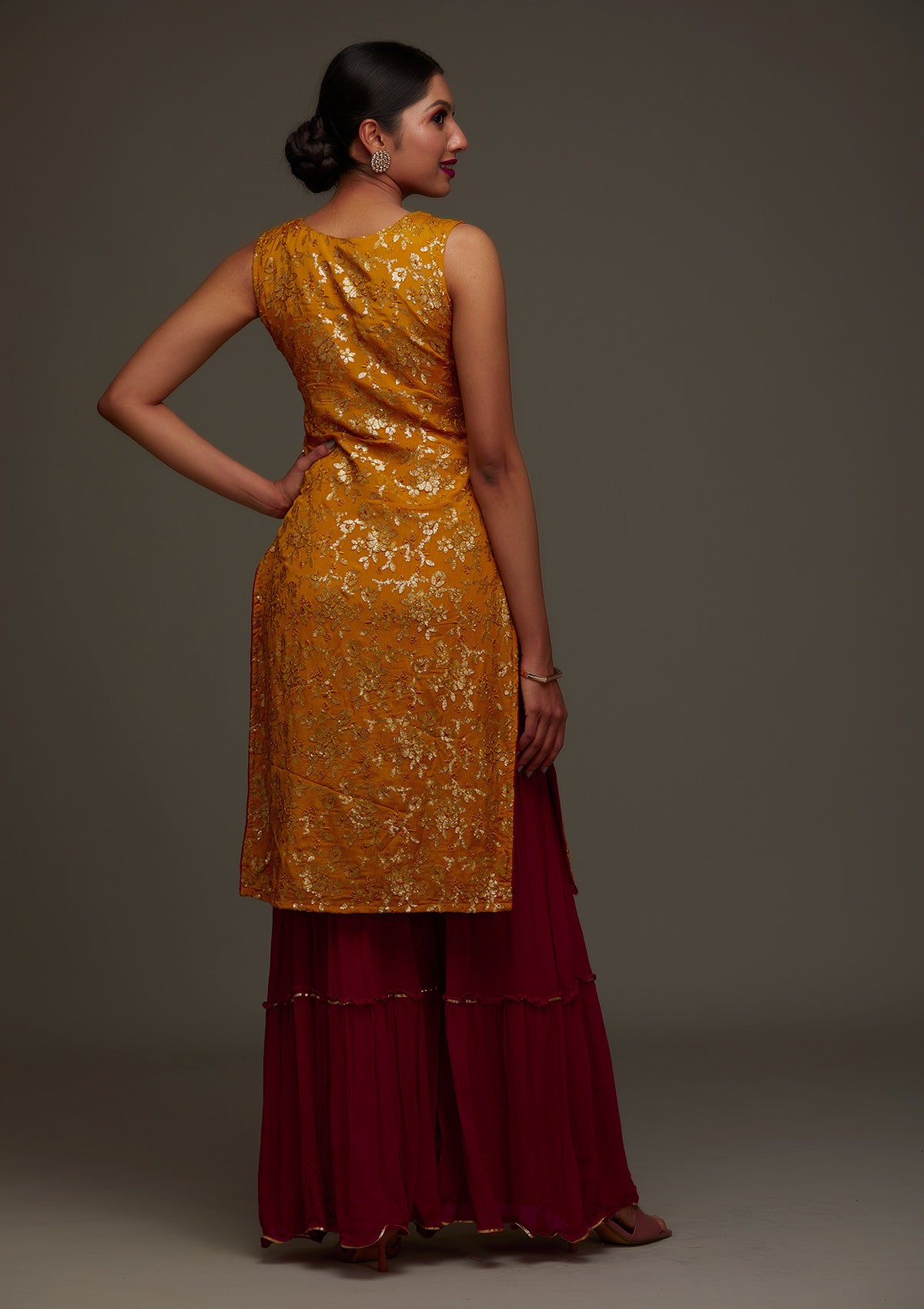 Mustard Sequins Semi Crepe Designer Salwar Suit - Koskii