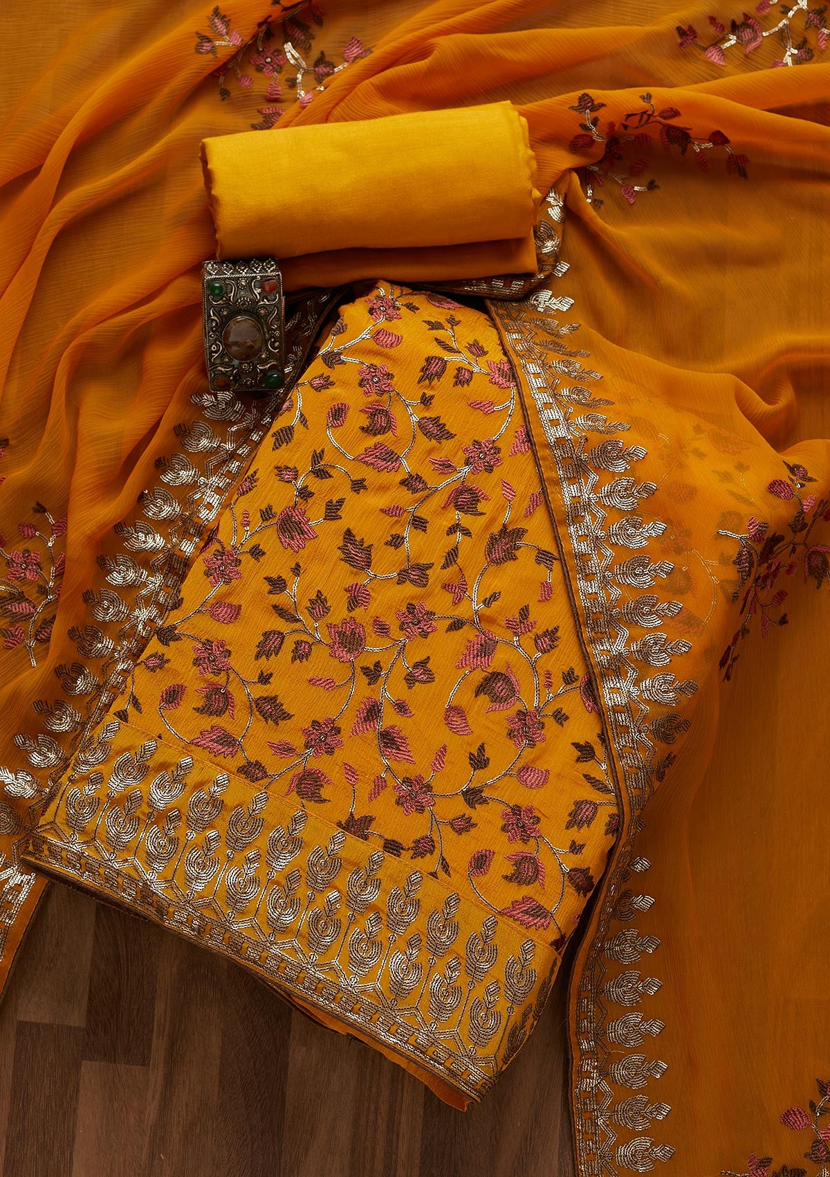 Mustard Sequins Semi Crepe  Unstitched Salwar Suit- Koskii
