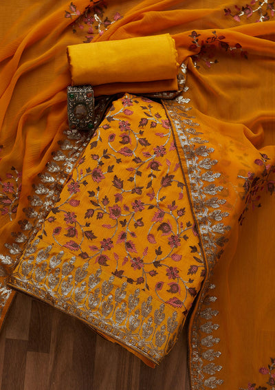 Mustard Sequins Semi Crepe  Unstitched Salwar Suit- Koskii