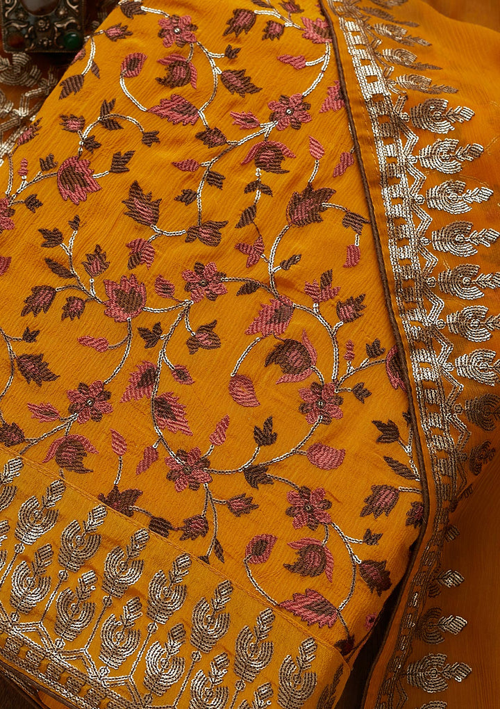 Mustard Sequins Semi Crepe  Unstitched Salwar Suit - Koskii