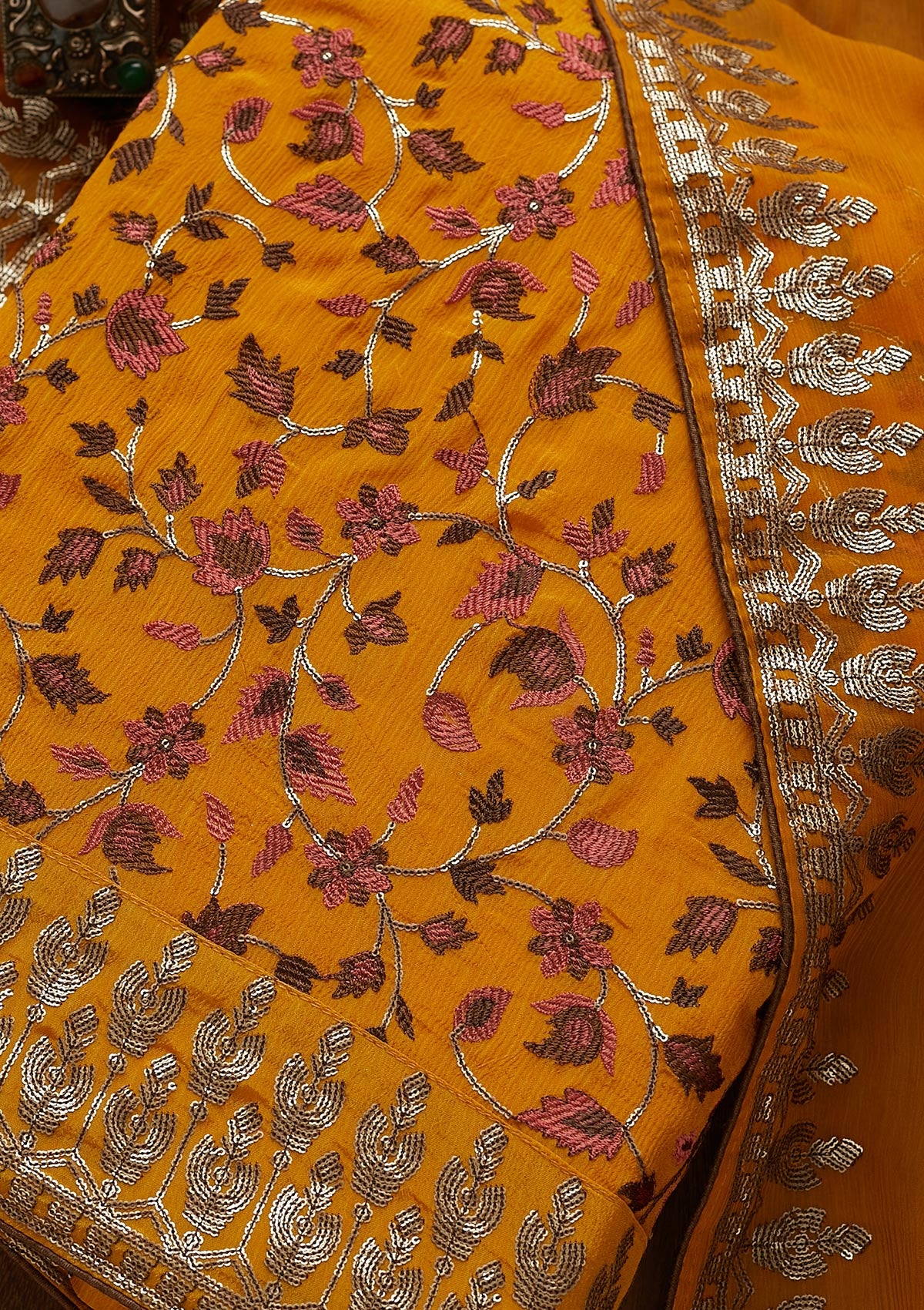 Mustard Sequins Semi Crepe  Unstitched Salwar Suit - Koskii