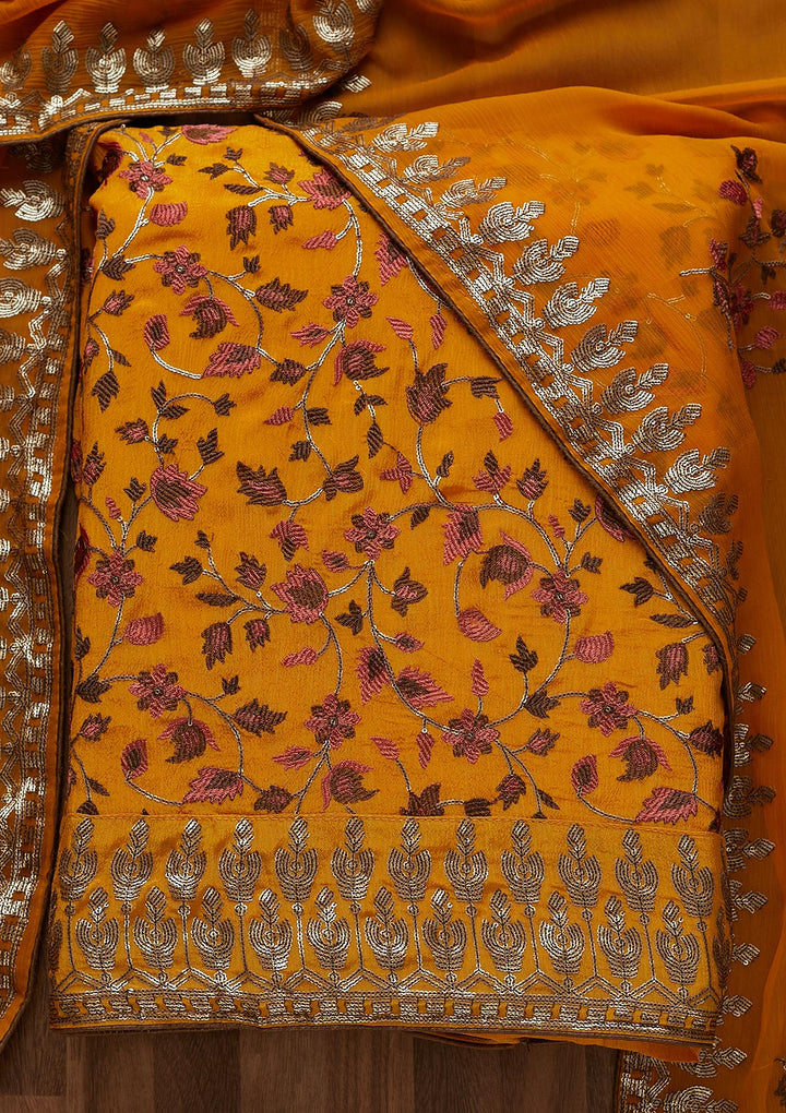 Mustard Sequins Semi Crepe  Unstitched Salwar Suit - Koskii