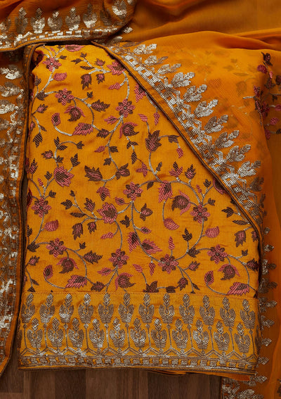 Mustard Sequins Semi Crepe  Unstitched Salwar Suit - Koskii