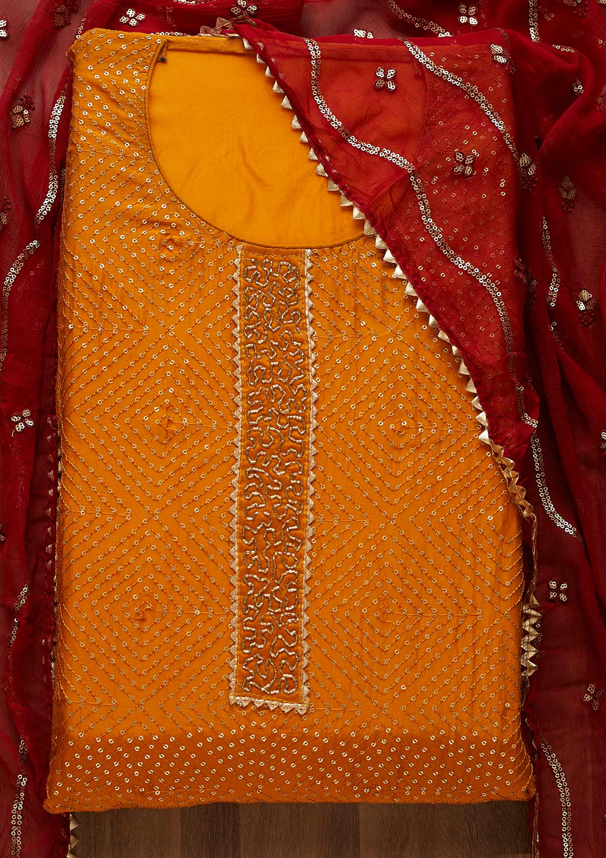 Mustard Sequins Semi Crepe Unstitched Salwar Suit-Koskii
