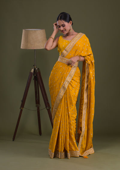 Mustard Sequins Semi Crepe Saree-Koskii