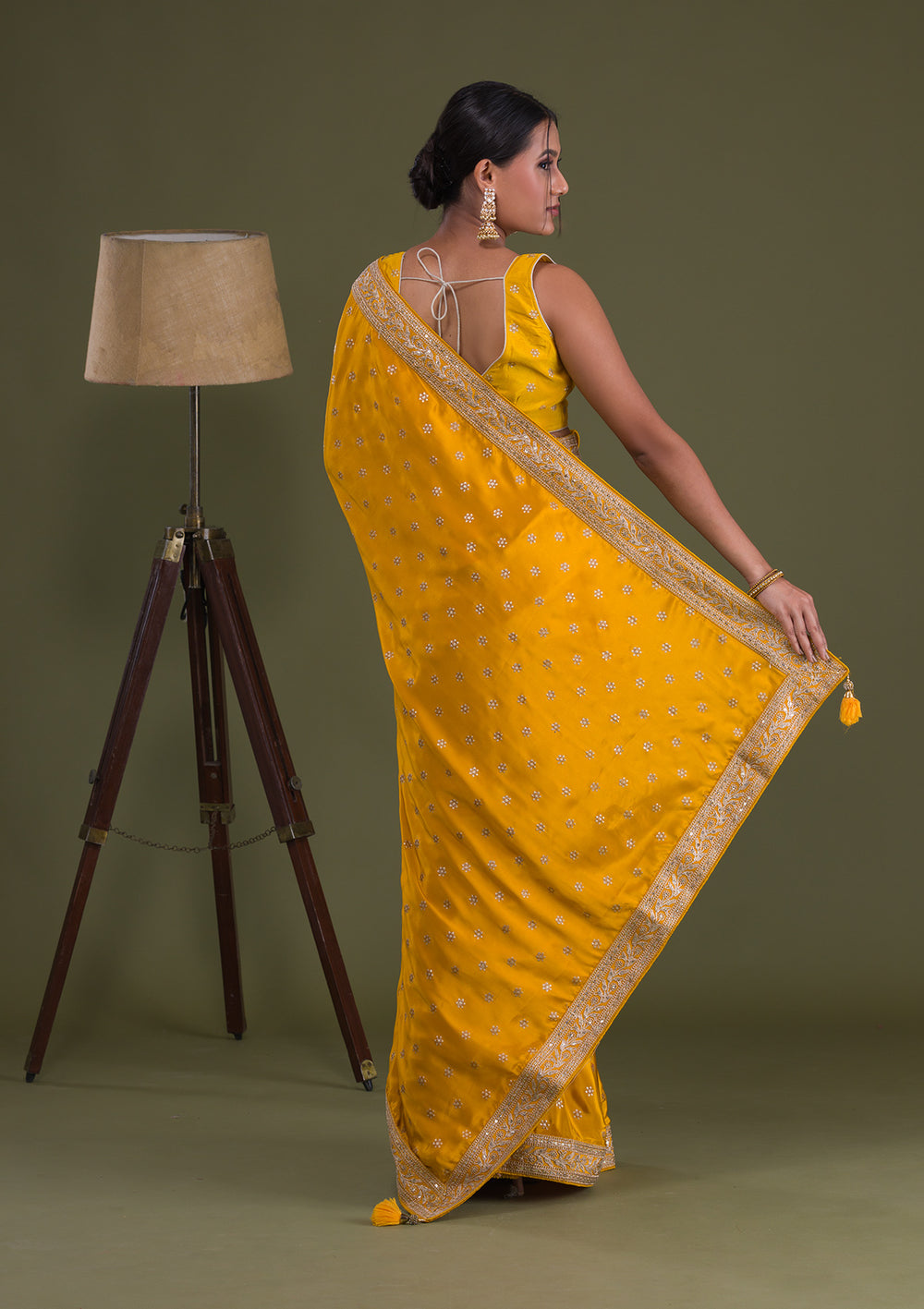 Mustard Sequins Semi Crepe Saree-Koskii