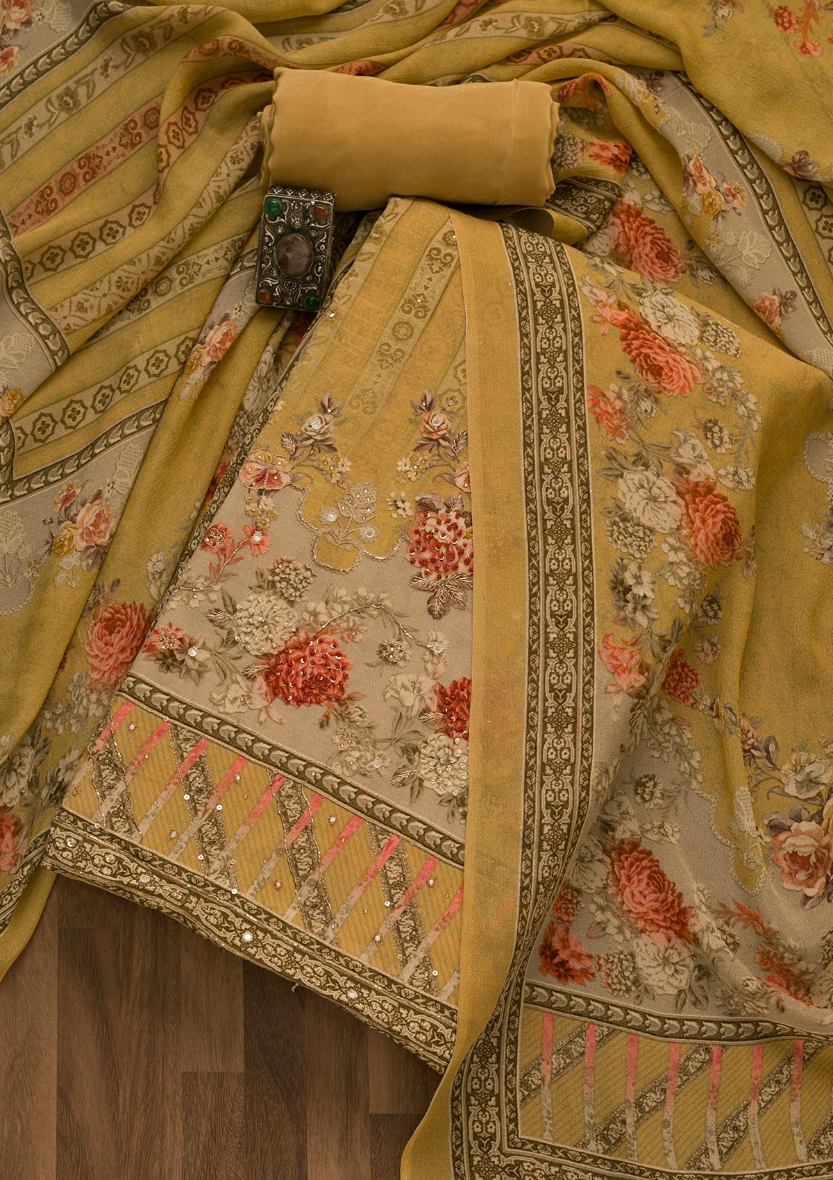 Mustard Zari Work Tissue Unstitched Salwar Suit-Koskii
