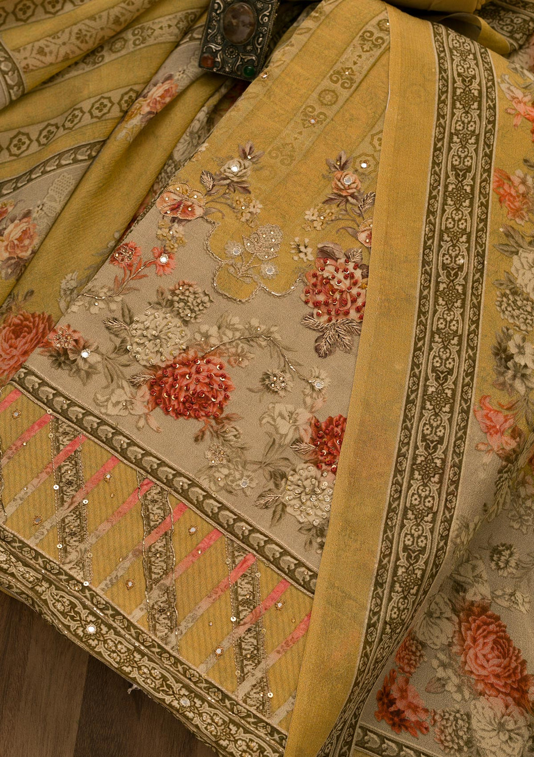 Mustard Zari Work Tissue Unstitched Salwar Suit-Koskii