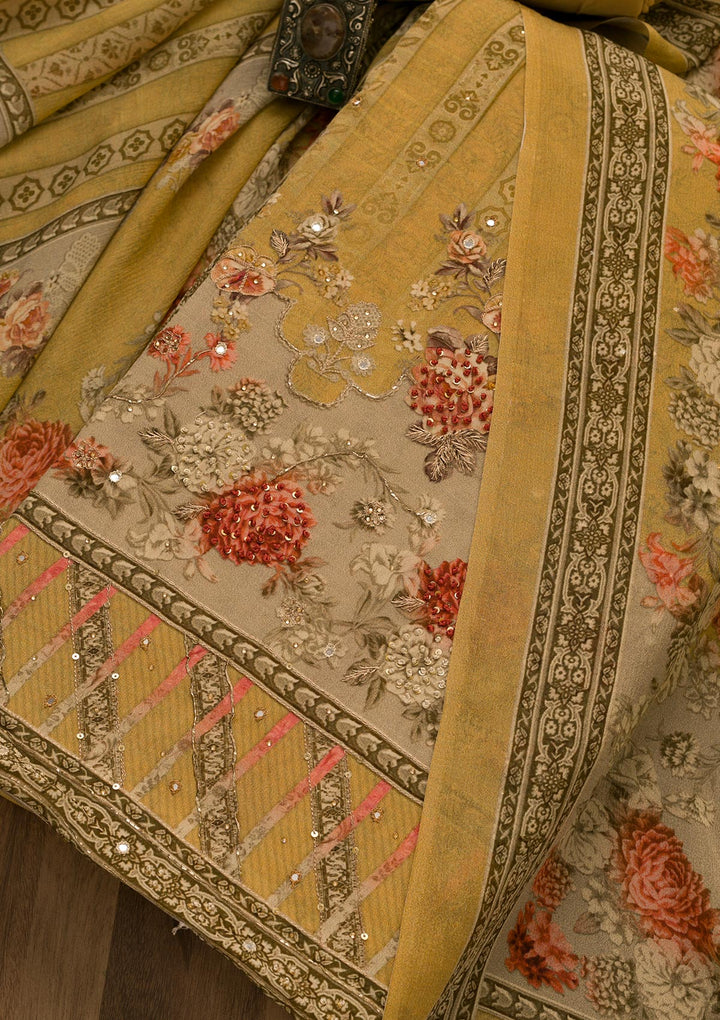 Mustard Zari Work Tissue Unstitched Salwar Suit-Koskii