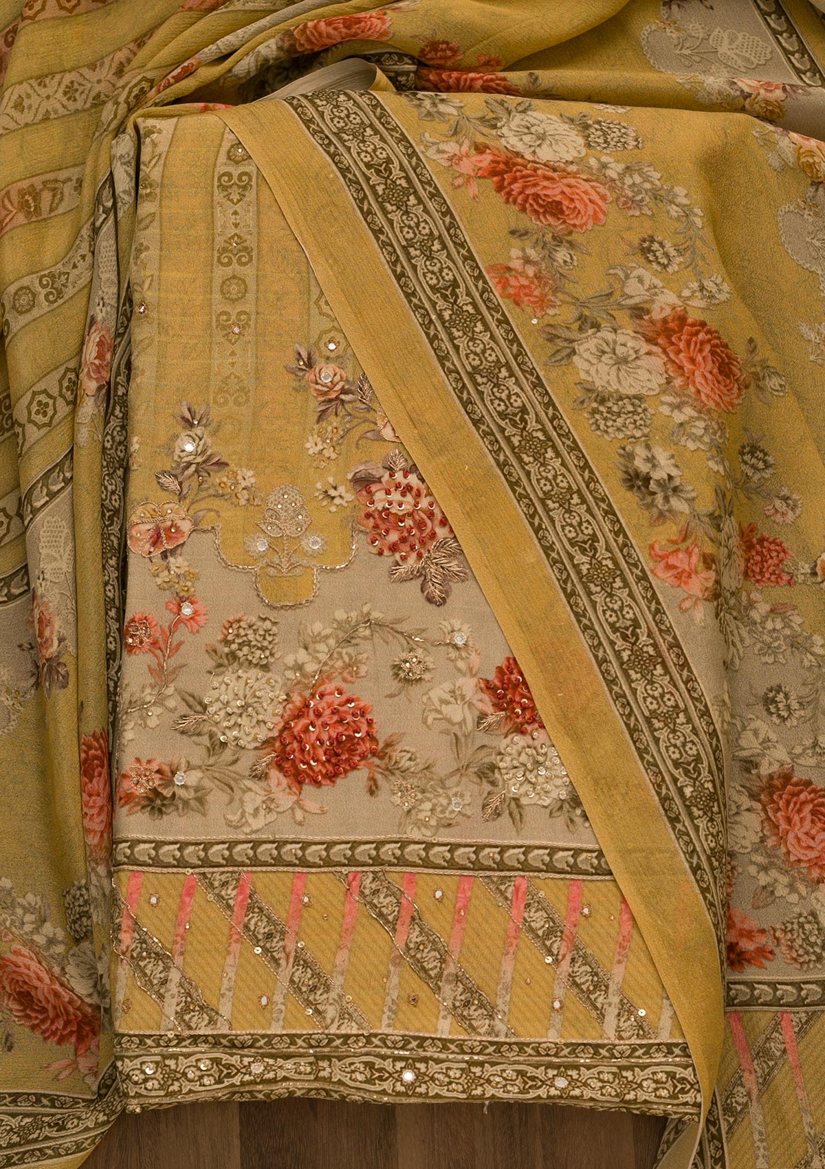Mustard Zari Work Tissue Unstitched Salwar Suit-Koskii