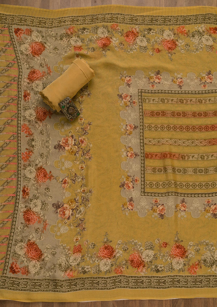 Mustard Zari Work Tissue Unstitched Salwar Suit-Koskii
