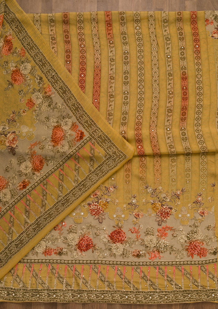 Mustard Zari Work Tissue Unstitched Salwar Suit-Koskii